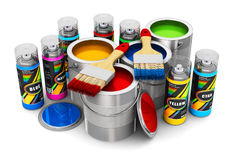 latte-con-la-pittura-di-colore-i-pennelli-e-le-pitture-di-spruzzo-81349696